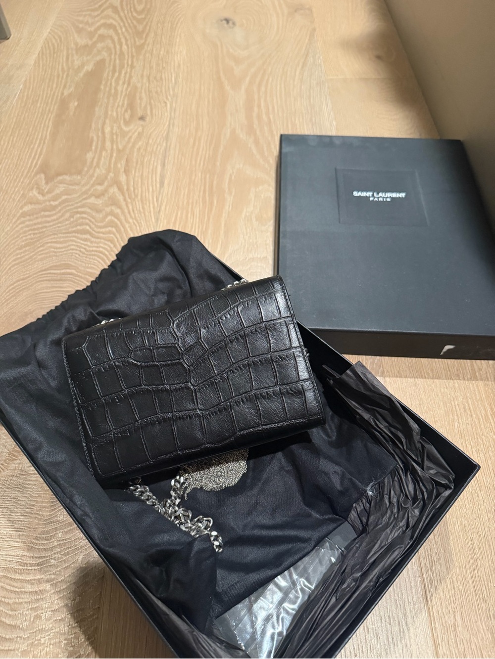 Saint Laurent Black Croc-Embossed Kate Tassel Chain Shoulder Bag - Picture 2 of 5